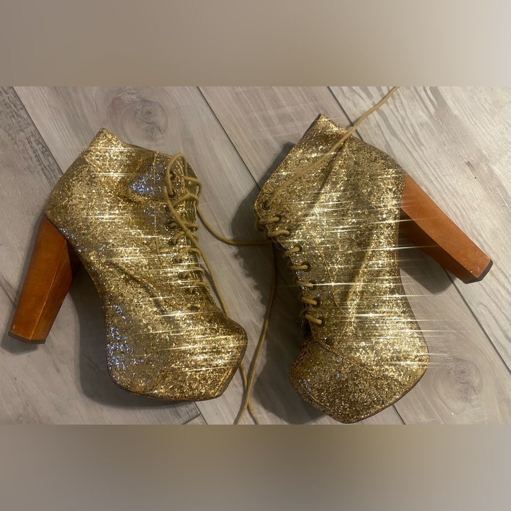 Jeffrey Campbell Lita Gold Glitter Platform Heels 8.5
